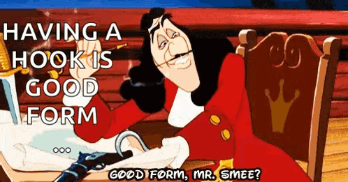 A Cartoon Of A Man Sitting In A Chair Holding A Sword And A Hook . GIF