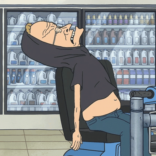 A Cartoon Of A Man Sitting In A Chair In Front Of A Refrigerator Full Of Milk GIF