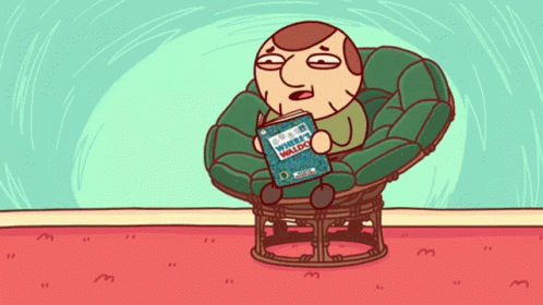 A Cartoon Of A Man Sitting In A Chair Reading A Book Called Where 'S Waldo GIF