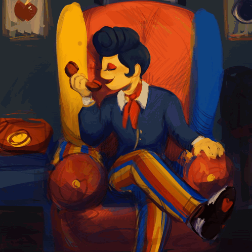 A Cartoon Of A Man Sitting In A Chair Talking On A Telephone GIF
