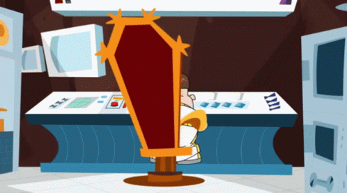 A Cartoon Of A Man Sitting In A Chair With A Coffin In Front Of Him GIF