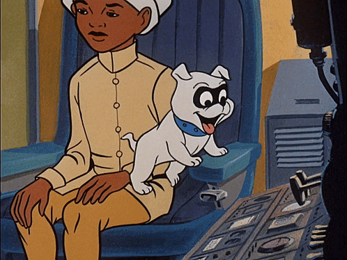 A Cartoon Of A Man Sitting In A Chair With A Dog On His Lap GIF