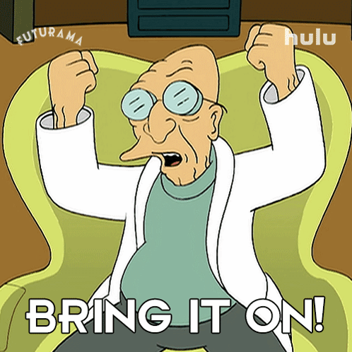 A Cartoon Of A Man Sitting In A Chair With The Words Bring It On Written Below Him GIF