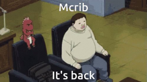 a cartoon of a man sitting in a chair with the words mcrib it 's back on the bottom