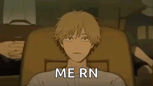 A Cartoon Of A Man Sitting In A Chair With The Words `` Me Rn '' Written On It . GIF