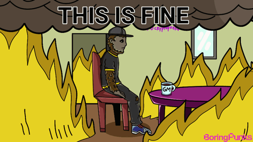 A Cartoon Of A Man Sitting In A Chair With The Words This Is Fine Behind Him GIF