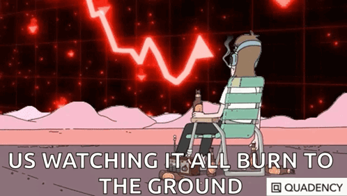 A Cartoon Of A Man Sitting In A Chair With The Words Us Watching It All Burn To The Ground GIF