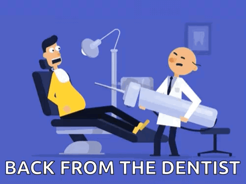 a cartoon of a man sitting in a dental chair with the words back from the dentist above him