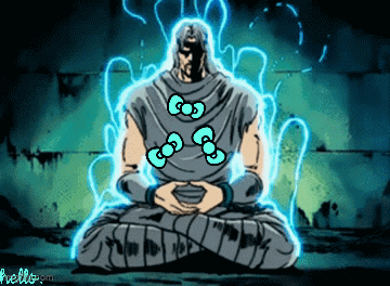 Cartoon Man Sitting In Lotus With Hello Kitty Stickers GIF