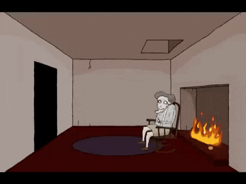 A Cartoon Of A Man Sitting In A Rocking Chair In Front Of A Fire GIF