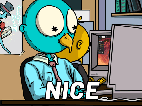 A Cartoon Of A Man Sitting In Front Of A Computer With The Word Nice On The Bottom GIF