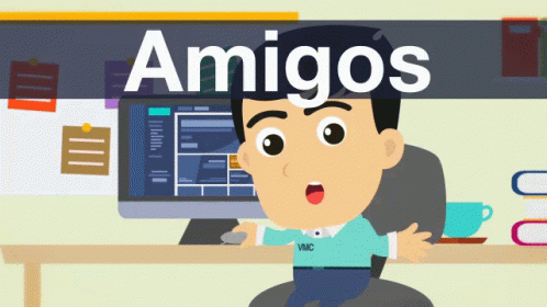 a cartoon of a man sitting in front of a computer with the words amigos above him