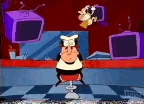 A Cartoon Of A Man Sitting In Front Of A Counter With A Tv On It GIF