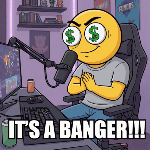 A Cartoon Of A Man Sitting In Front Of A Microphone With The Words It 'S A Banger GIF