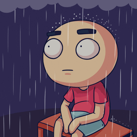 A Cartoon Of A Man Sitting In The Rain With A Lightning Bolt In The Background GIF