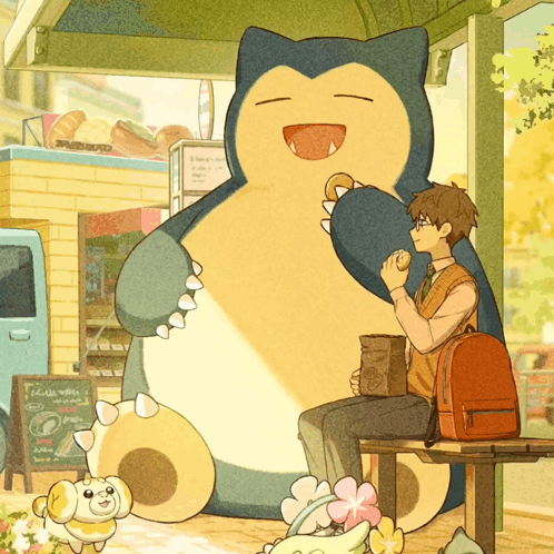 A Cartoon Of A Man Sitting Next To A Giant Snorlax Eating A Donut GIF