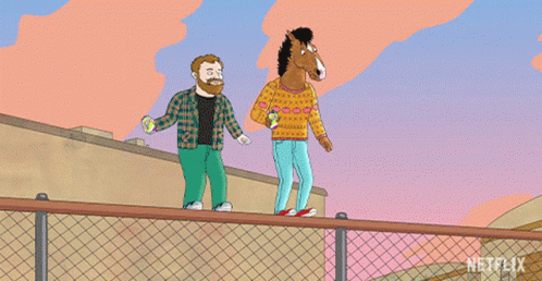 A Cartoon Of A Man Sitting Next To A Horse Holding A Can Of Soda GIF