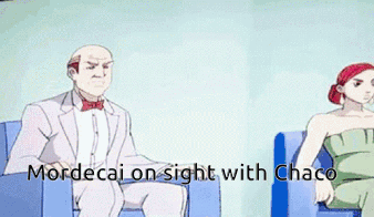 A Cartoon Of A Man Sitting Next To A Woman With The Words Mordecai On Sight With Chaco GIF