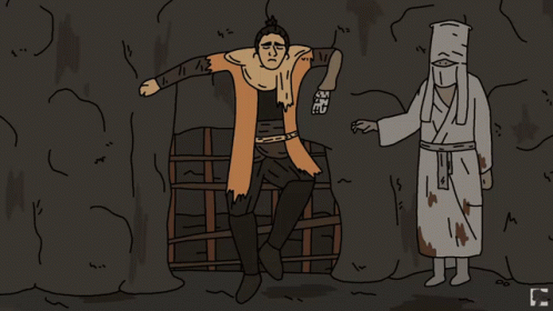 A Cartoon Of A Man Sitting On A Barrel And A Man In A White Robe Standing Next To Him GIF