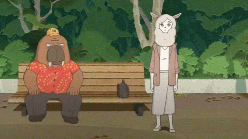 A Cartoon Of A Man Sitting On A Bench And A Woman Standing Next To Him GIF