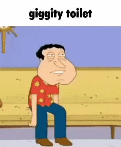 A Cartoon Of A Man Sitting On A Bench With The Words Giggity Toilet Written Above Him GIF