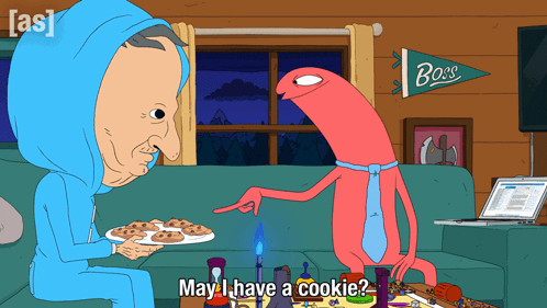 A Cartoon Of A Man Sitting On A Couch Holding A Plate Of Cookies With The Words May I Have A Cookie GIF