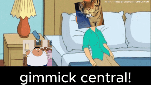 A Cartoon Of A Man Sitting On A Couch With A Picture Of A Tiger On His Head And The Words Gimmick Central GIF