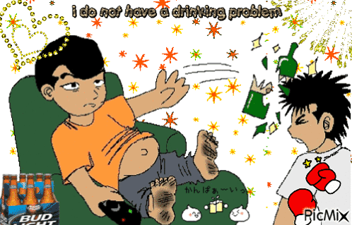 A Cartoon Of A Man Sitting On A Couch With The Words I Do Not Have A Drinking Problem GIF