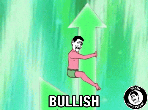 A Cartoon Of A Man Sitting On A Green Arrow With The Word Bullish On It GIF