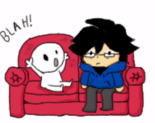 A Cartoon Of A Man Sitting On A Red Couch Next To A White Ghost With The Word Blah Written Above Him GIF