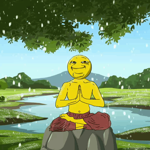 A Cartoon Of A Man Sitting On A Rock With His Hands Folded In Prayer GIF