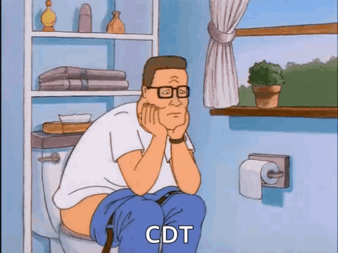 A Cartoon Of A Man Sitting On A Toilet With The Word Cdt Written On It GIF