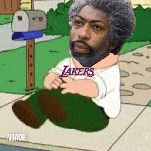 A Cartoon Of A Man Sitting On The Sidewalk With The Lakers Logo On His Shirt GIF