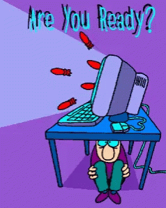 A Cartoon Of A Man Sitting Under A Computer With The Words " Are You Ready " Written Above Him GIF