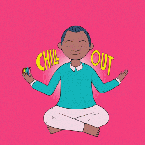 A Cartoon Of A Man Sitting Under A Rainbow With Chill Out Written On The Bottom GIF