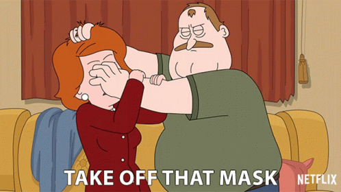 A Cartoon Of A Man Slapping A Woman With The Words " Take Off That Mask " On The Bottom GIF
