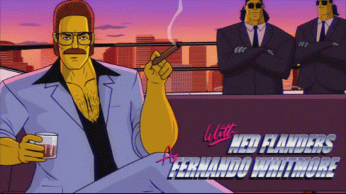 A Cartoon Of A Man Smoking A Cigar With The Words " With Red Flanders Fernando Whitmore " On The Bottom GIF