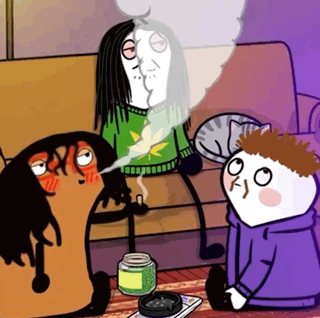 A Cartoon Of A Man Smoking A Cigarette And A Woman Kissing Another Man GIF