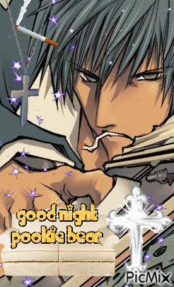 A Cartoon Of A Man Smoking A Cigarette With The Words Good Night Pooka Bear On It GIF