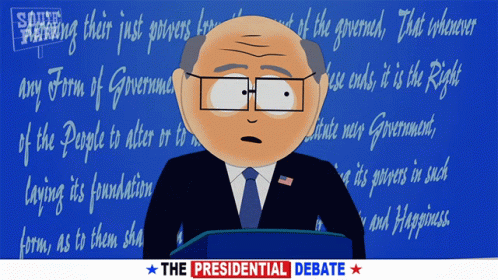 A Cartoon Of A Man Standing At A Podium With The Words The Presidential Debate Behind Him GIF