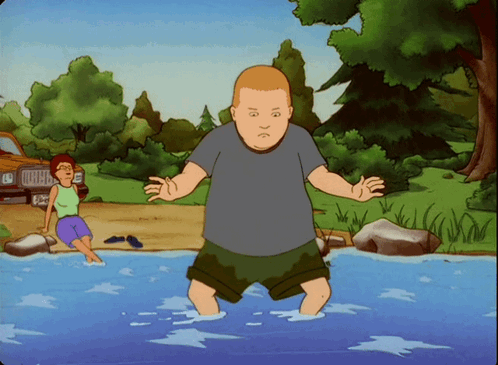 A Cartoon Of A Man Standing In A Body Of Water With A Jeep In The Background GIF