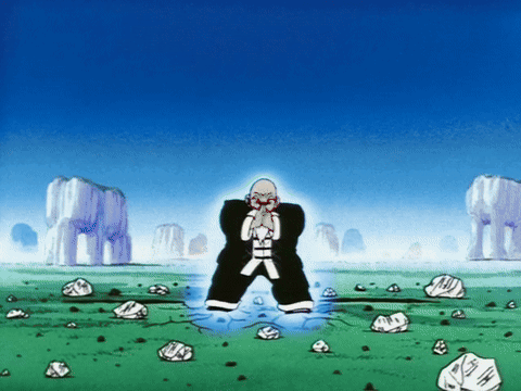 A Cartoon Of A Man Standing In A Field With A Blue Sky Behind Him GIF
