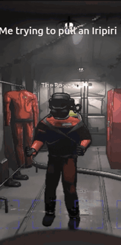 A Cartoon Of A Man Standing In A Hallway With The Caption " Me Trying To Put An Iripiiri " GIF