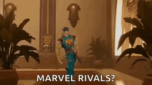 A Cartoon Of A Man Standing In A Hallway With The Words `` Marvel Rivals '' Written On The Floor . GIF