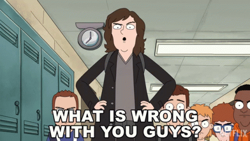Cartoon Man Standing In Hallway Asking What Is Wrong With You Guys GIF