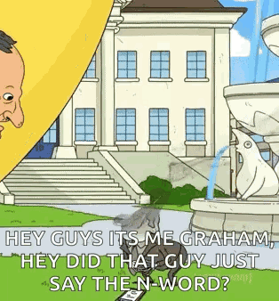 A Cartoon Of A Man Standing In Front Of A Building With A Fountain And A Penguin . GIF