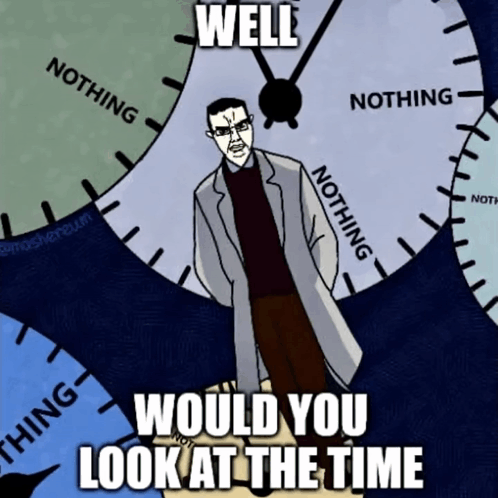 A Cartoon Of A Man Standing In Front Of A Clock With The Words " Well Would You Look At The Time " GIF
