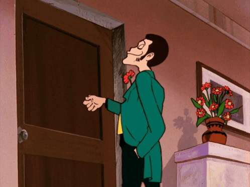 a cartoon of a man standing in front of a door