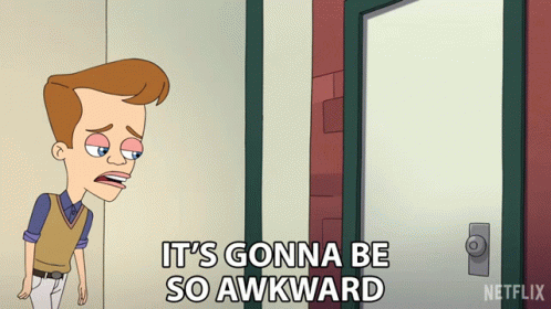 A Cartoon Of A Man Standing In Front Of A Door That Says It 'S Gonna Be So Awkward GIF