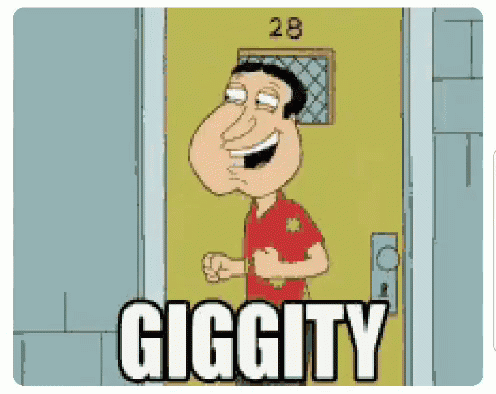 A Cartoon Of A Man Standing In Front Of A Door With The Words Giggity Written On It . GIF